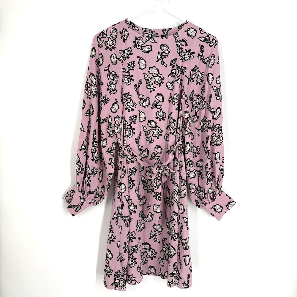 Weekend Max Mara Lola Dress Floral Shift Long Sleeve Pink Preppy Tie Size US 2